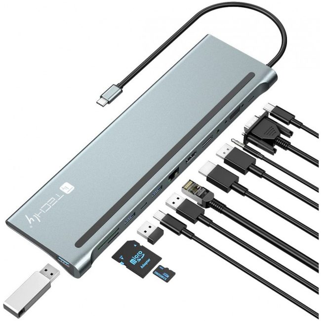 12-in-1 Docking Station: Connect USB, HDMI, DisplayPort, Ethernet, SD Card and more devices