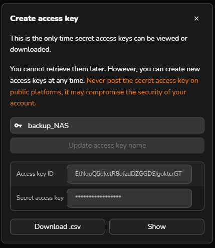 Backup NAS Cubbit access key configuration