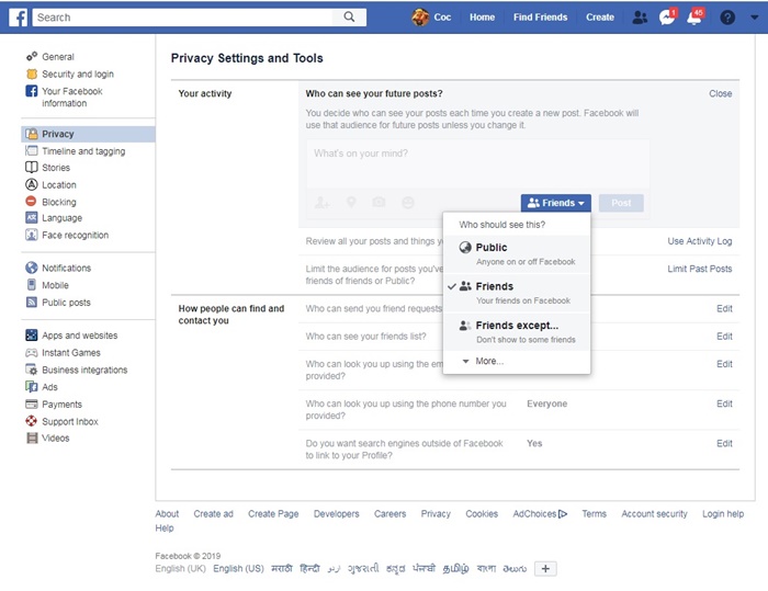 Facebook privacy visible only to friends