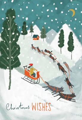 Greeting card: Christmas sleigh pulled by dogs