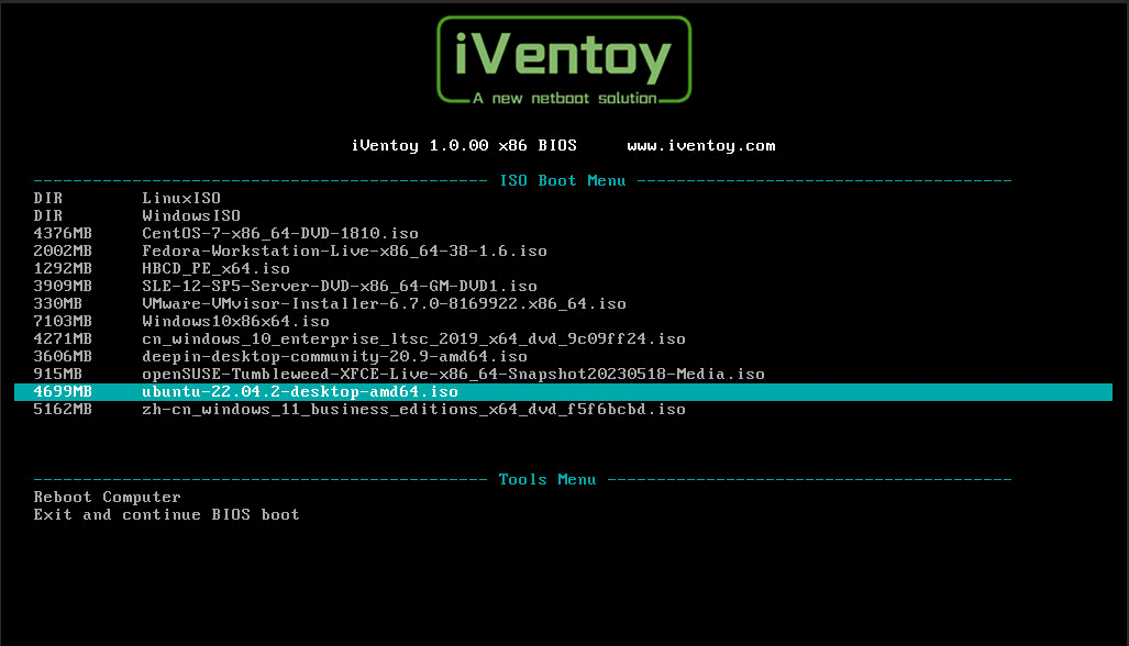 iVentoy boot menu: boot via PXE