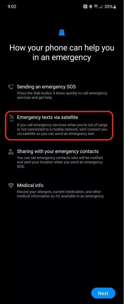 Samsung Galaxy S24 emergency satellite connection screenshot 