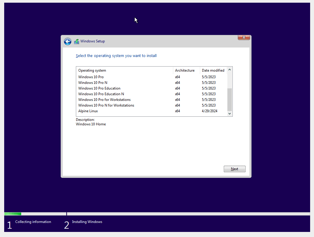 Alpine Linux, installation from Windows 10 setup